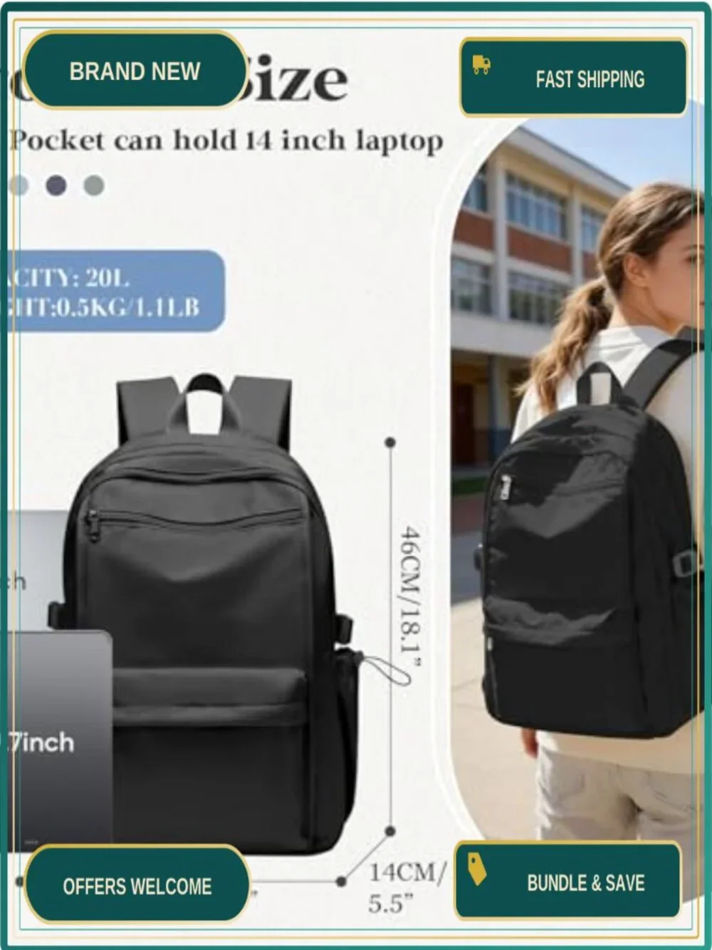 Water-Resistant Nylon Daypack Backpack with 5 Pockets for School Travel Work